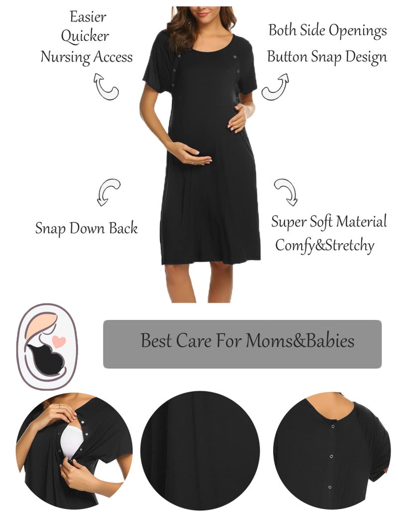 Ekouaer Womens, Nightgown Nightshirt, Short sleeve, Labor & Delivery Maternity button down nursing Gown for breastfeeding, Black, Large - Image 2